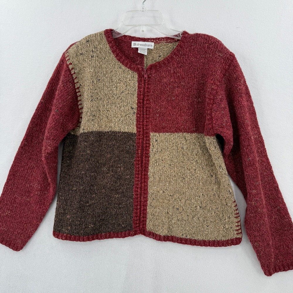 Dressbarn Cardigan Sweater Womens Medium Red Brown Vintage Colorblock Full Zip